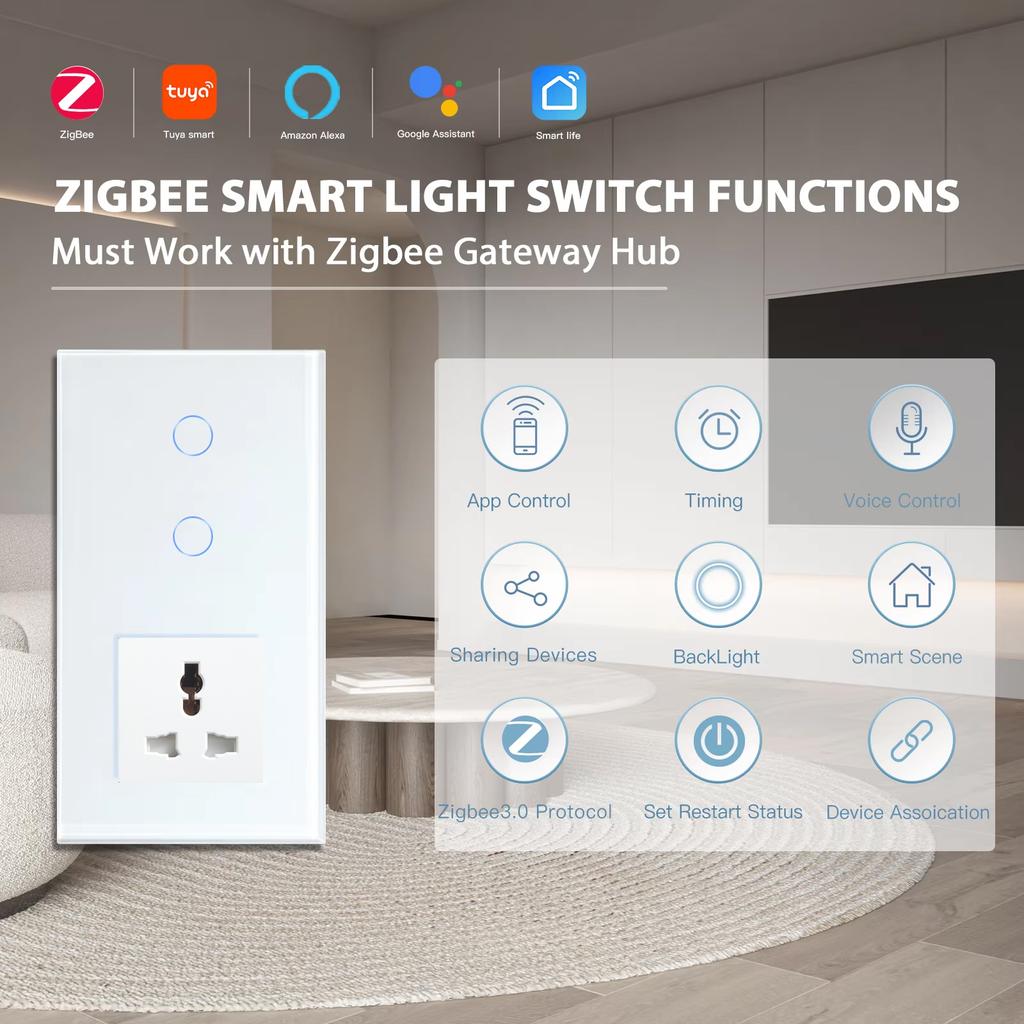BSEED Zigbee 1/2/3Gang Touch Smart Light Switches 1/2/3Way Tuya Smart Life App Control Plus Universal Wall Socket Plugs
