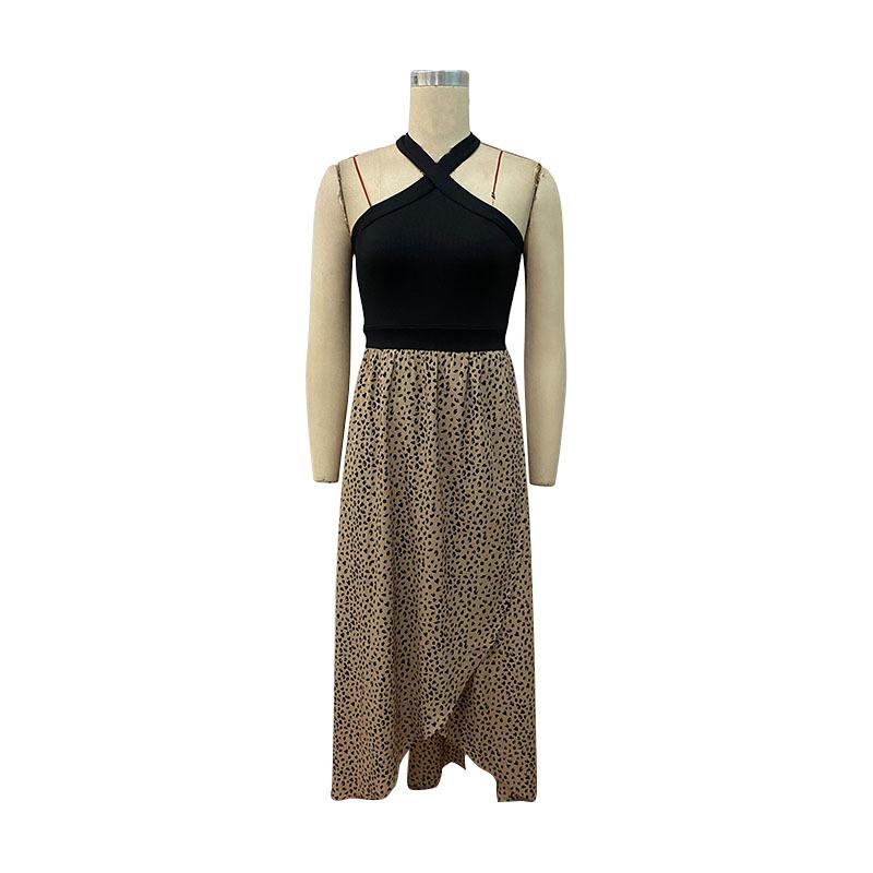 QICED Letní dámské šaty s leopardím potiskem, halterový výstřih, nepravidelný rozparek