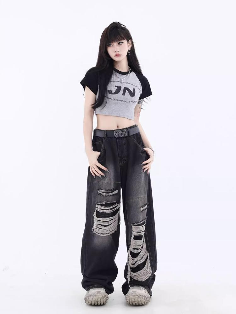Gothic Black Jeans High Waist Vintage Women Korean Fashion Y2k Streetwear Ripped Pants Female Harajuku Casual Wide Leg Denim Trousers