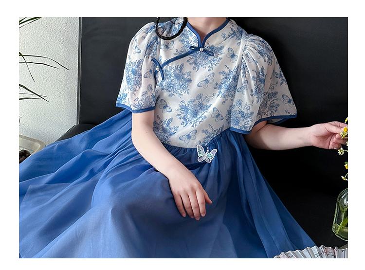 Girls' cheongsam dress 2026 new summer children's Chinese style blue and white porcelain Hanfu ancient style summer princess dress