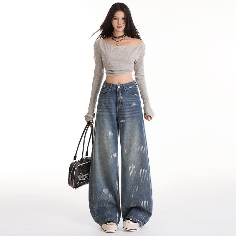 Autumn Winter Vintage Blue Silver Print High Waist Slim Floor Straight Wide Leg Denim Pants Women Casual Pants Oversize Denim Trousers