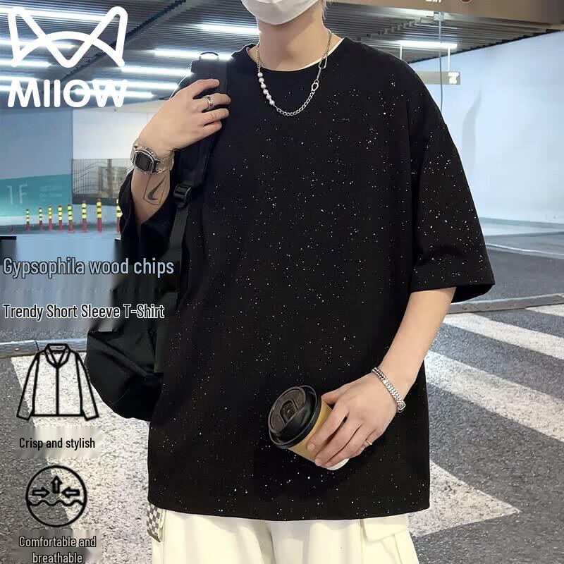 MiiOW Men s Star Rhinestone Round Neck Short Sleeve T-Shirt M