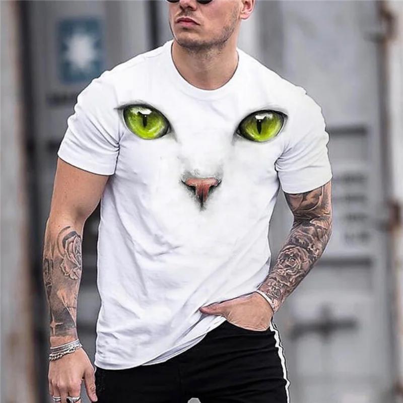 Roztomilé tričko s kočkou Animal Oversized Funny Cat Tops Tričko s límečkem Pánské 3D potištěné pánské tričko s kočkou Crew Krk s krátkým rukávem