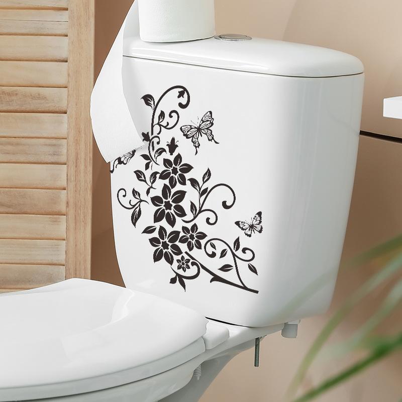 Künstlerischer schwarzer Blumenranken mit Schmetterling Toilettensitz-Aufkleber Badezimmer Heimdekoration Selbstklebend Abnehmbare Aufkleber