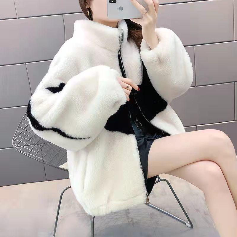 Women's Plush Korean-Style Loose Coat: Spliced, Thickened, for Autumn & Winter Fashion 2023