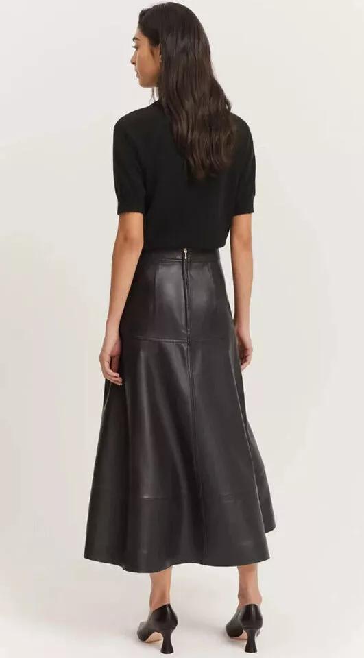 Stylischer langer schwarzer Lederrock handgemachter Lammfell Echt Party Wear Rock