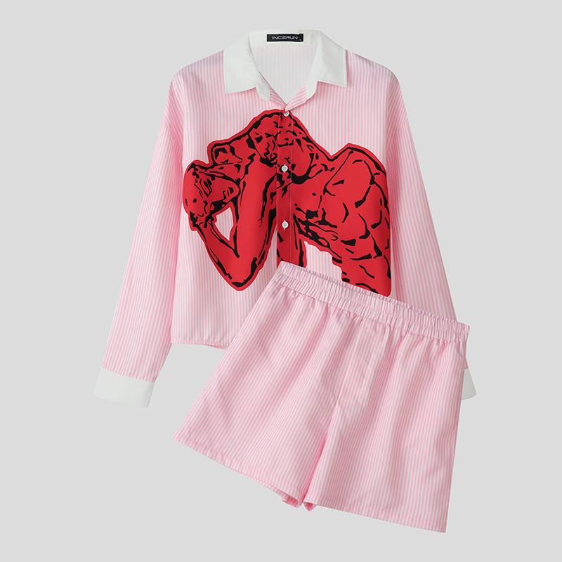 

INCERUN 2PCS Men Two Pieces Striped Print Long Sleeve Buttons Shirts Short Pants Casual Sets XL розовый