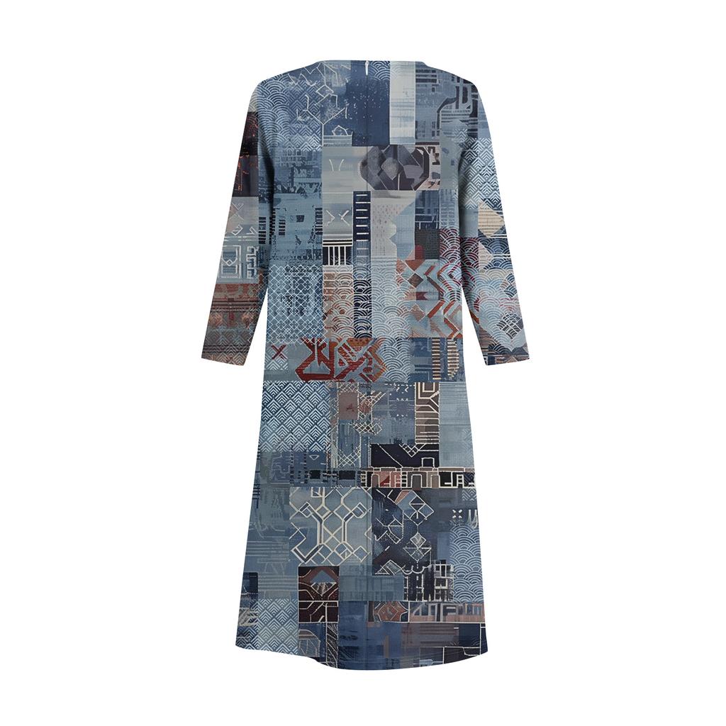 Women's Fashionable Casual Long-Sleeved Round Neck Retro Geometric Print Elegant Dress
