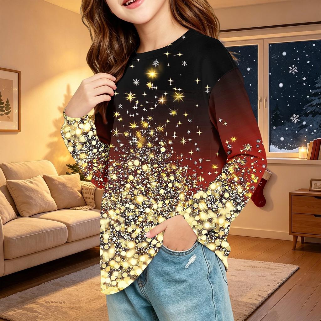 Children's Christmas Print Long Sleeve Neck Shirt with Pocket for Boys and Girls
