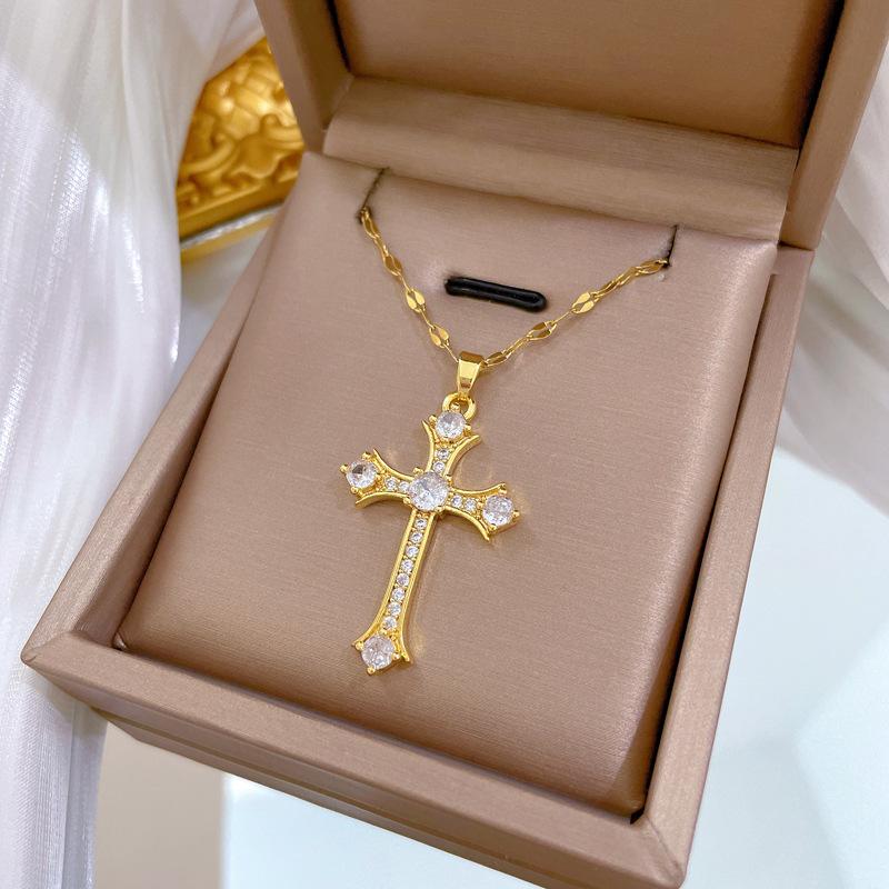 Cross Zircon Light Luxury Temperament Gorgeous Full Diamond Necklace Female Versatile Collarbone Chain Titanium Steel Chain