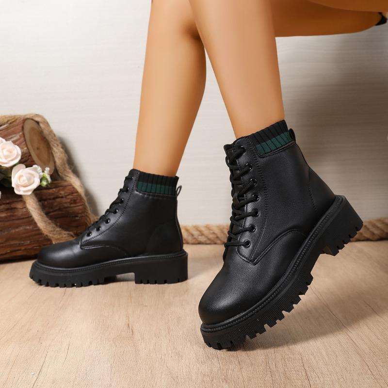 Fashion Short-thigh Boots Autumn New Round Toe Front Lace-up Platform Non-slip Wear-resistant Block Heel Boots