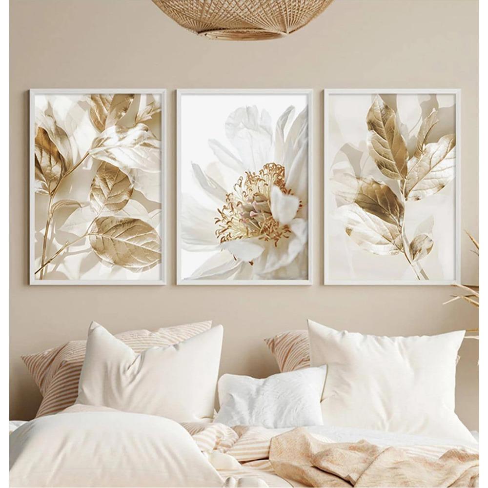 3PCS Frameless Nordic White Floral Golden Leaves Poster Wall Art Canvas Painting Prints Pictures Living Room Interior Home Decor