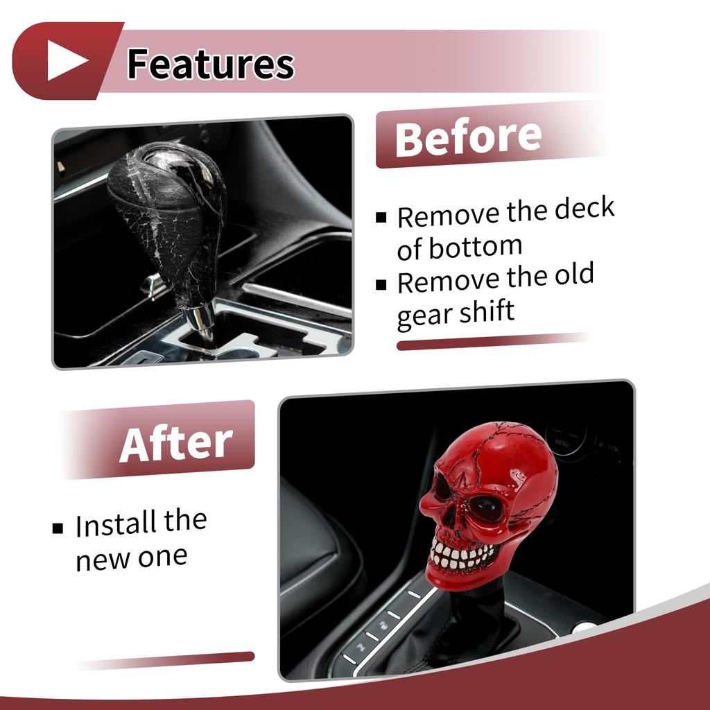 HEROFFIX 8.7cm Skull Shift Knob, Universal Gear Shift Knob, Resin Stick Shifter Lever Knob for Automatic and Manual Cars, with 3 Adapters, Red, 1 Set