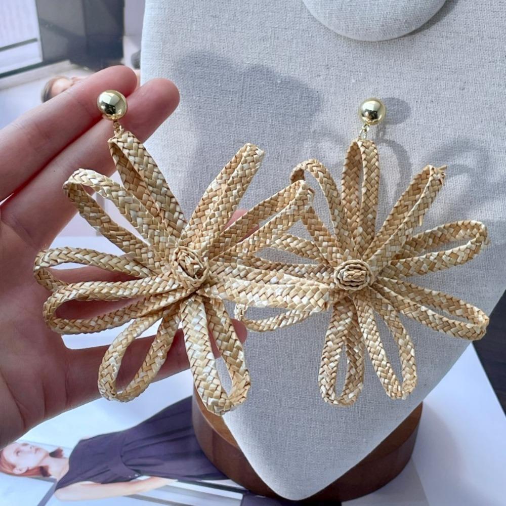 Elegant Straw Woven Earrings Bohemian Style Hollow Floral Earrings  Vacation