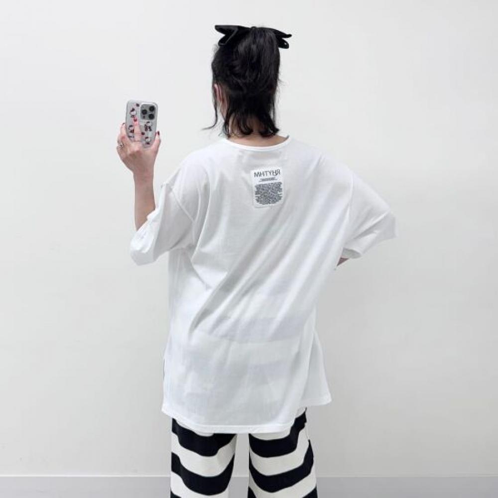 Mizqz Unisex U Neck Patch Point Daily Loose Fit Solid Unbalanced Short Sleeve