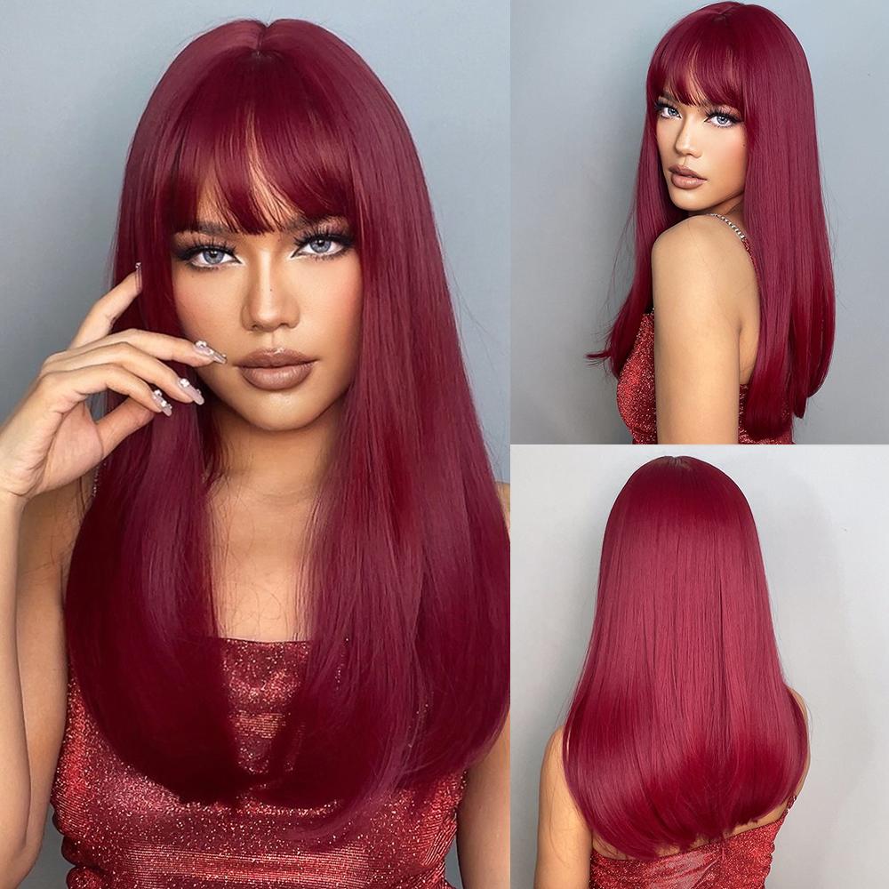 Lang Golvend Bordeaux Donkerrood Synthetisch Haar Pruiken met Pluizige Pony voor Vrouwen Wijnrood Body Wave Halloween Cosplay Natuurlijke pruik