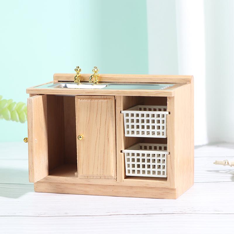 Wooden Wash Basin Cabinet With Hand Sink Miniature Furniture Toys For 1/12 Dollhouse Bathroom Kitchen Decoration