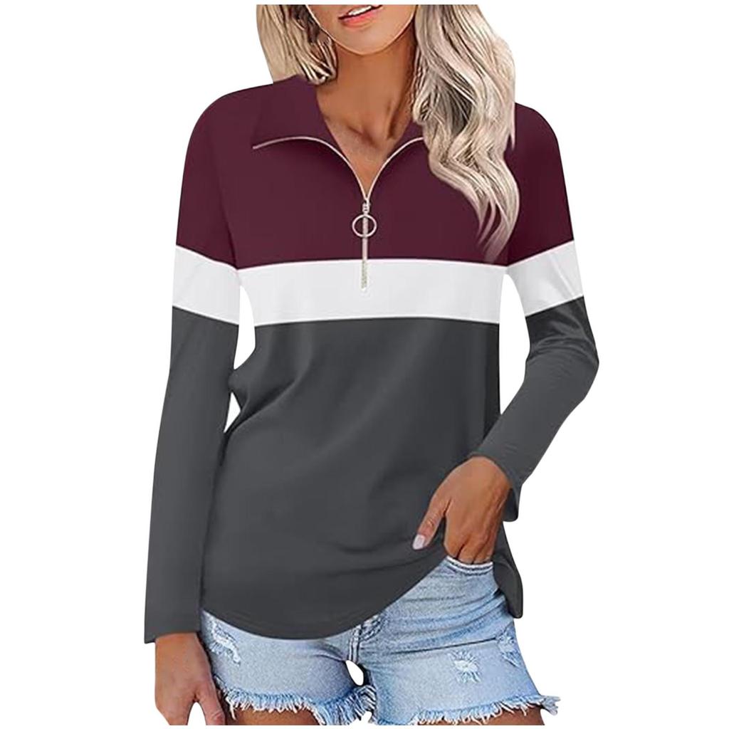 Women's Casual Versatile Fashion Trend Color Matching Zipper Long Sleeve