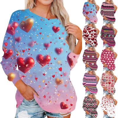 Top Pulover Casual la Modă pentru Femei, cu Gât Rotund, pe Umeri, cu Mâneci Lungi, Imprimat de Ziua Îndrăgostiților