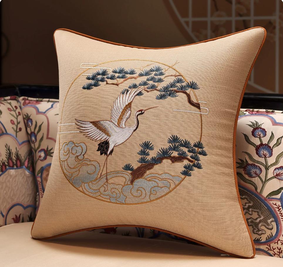 Luxuriöse Leinenstruktur Chinesischer Stil Kissenbezug Feine Kranich Kiefer Stickerei Dekorative Wurfkissenhülle für Sofa Heimdekor