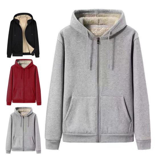 Men Hoodie Coat Solid Color Hooded Thicken Plush Winter Jacket for Daily Wear