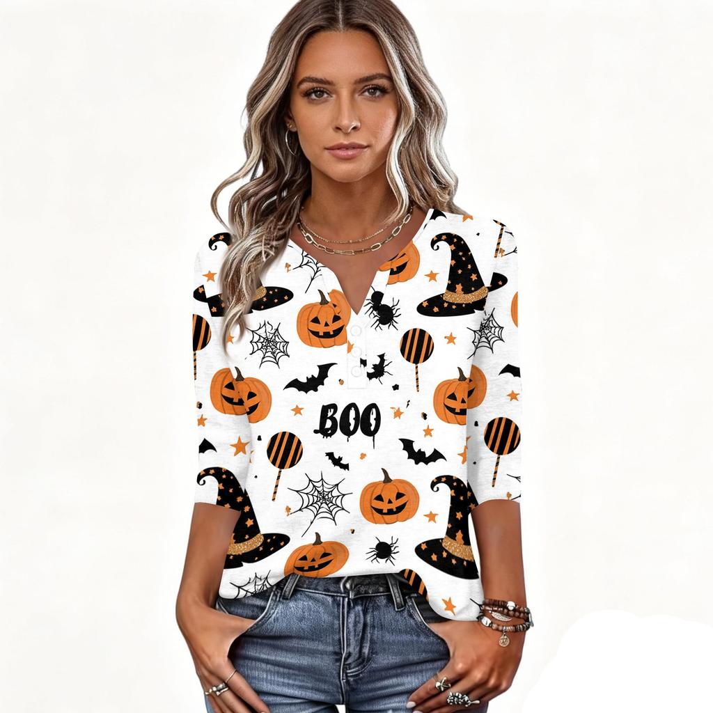 Women's Casual Halloween Print V-Neck Button 3/4 Sleeve T-Shirt Blouse