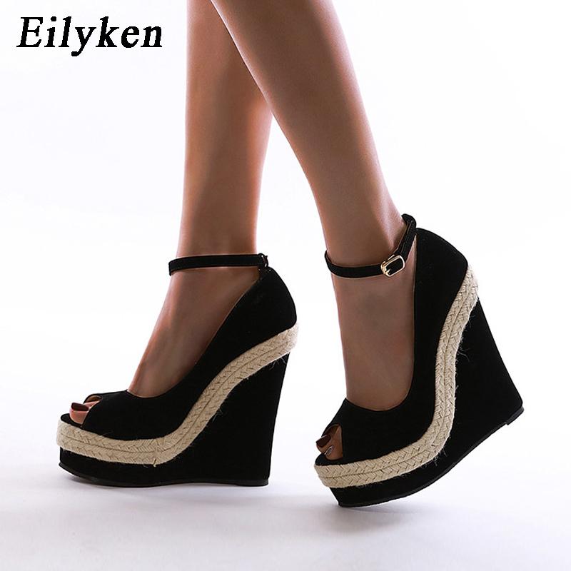 Fashion Eilyken Platform Sandals Women High Quality Flock Fabric Peep Toe Fashion Buckle Strap Wedge Heels Dress Ladies Shoes