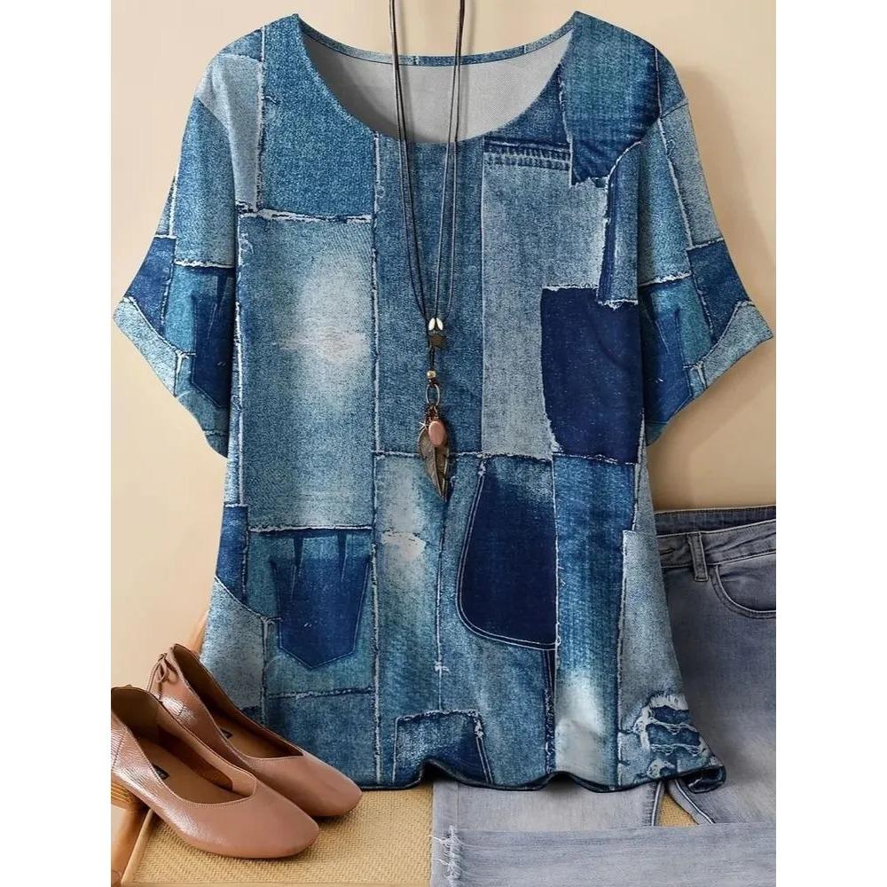 Women's Fashionable Breathable Round Neck Striped Grid Short Sleeved T-shirt Comfortable Soft Breathable Loose Summer Plus Size T-shirt