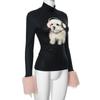 Spring and Autumn Women's Fashion Dog Print Plush Cuffs Long Sleeved T-shirt