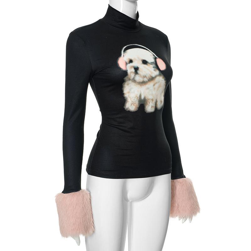 Spring and Autumn Women's Fashion Dog Print Plush Cuffs Long Sleeved T-shirt