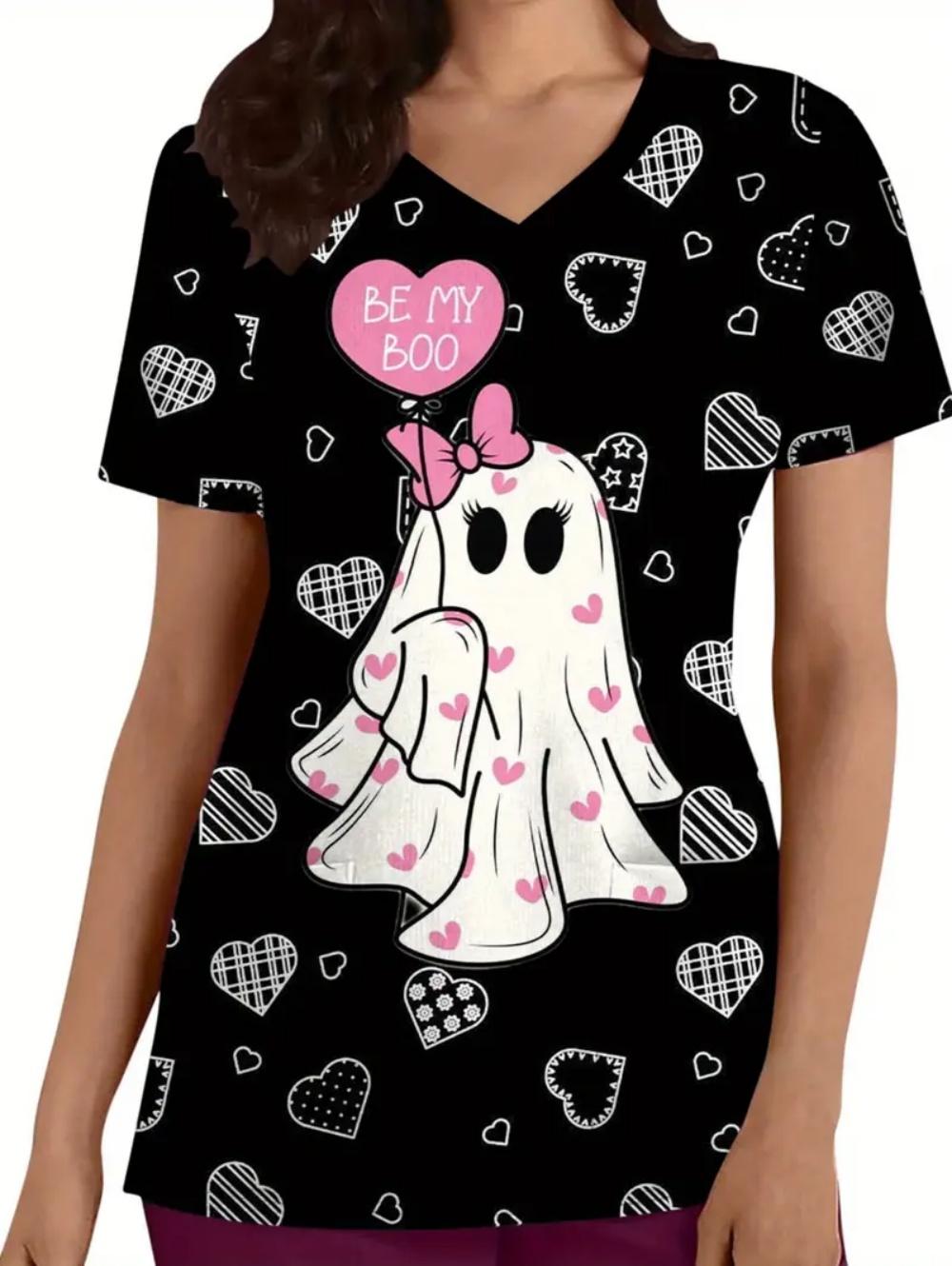 

Halloween Surgical Uniforms Woman Cute Print with Hearts Bats Print V Neck Short Sleeve with Pockets Scrubs Uniform Woman Tops XL