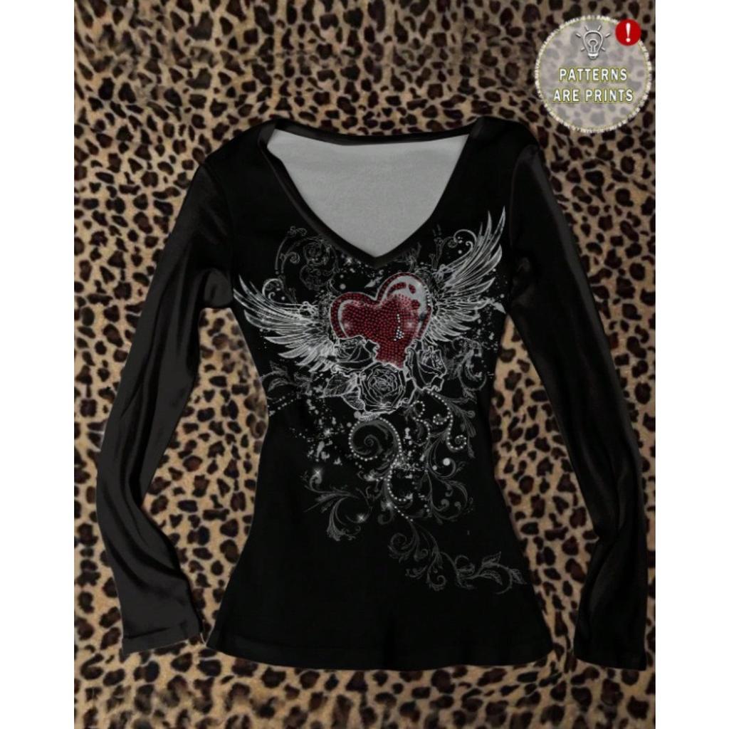 TrendHub Y2k Fairy Grunge Grafik T-Shirts für Damen E-Girls Goth Geripptes Langarm-T-Shirt Tops Vintage Emo Kleidung 2000er Retro Streetwear
