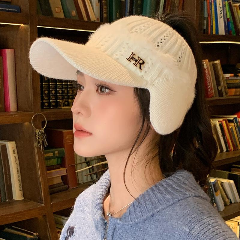 

Winter hat Women s ear protection Warm knitted wool hat Big brim Show face Small peaked hat Versatile empty top hat One Size