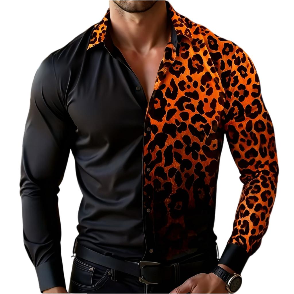 Camicia da uomo casual per le vacanze, con stampa leopardata, manica lunga, colletto a revers, bottoni