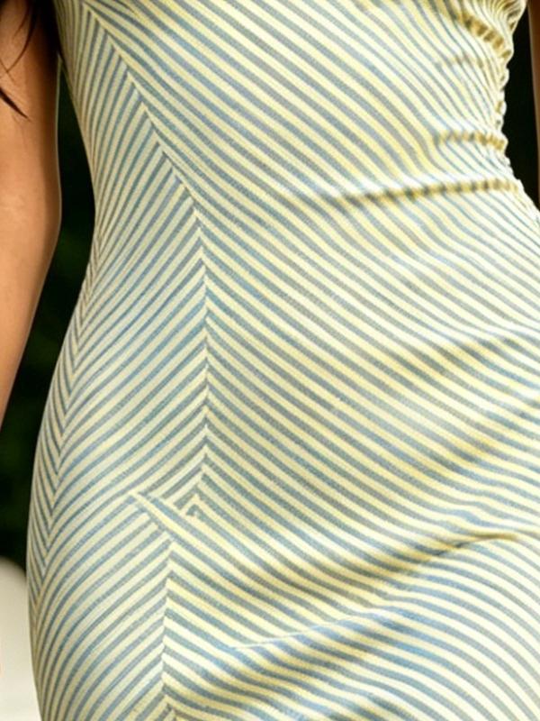 Summer Women's One Shoulder Midi Dress Diagonal Stripe Print Light Blue Yellow Bodycon Sundress