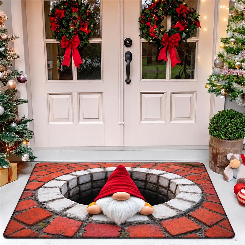 Christmas 2D Flat Printed Floor Mat Cute Red Hat Goblins Pattern Indoor Outdoor Mat Brick Pattern Design Carpet Holiday Decor