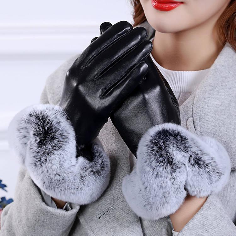 Buy Touch screen ladies leather gloves rabbit fur warm leather plus velvet PU gloves at
