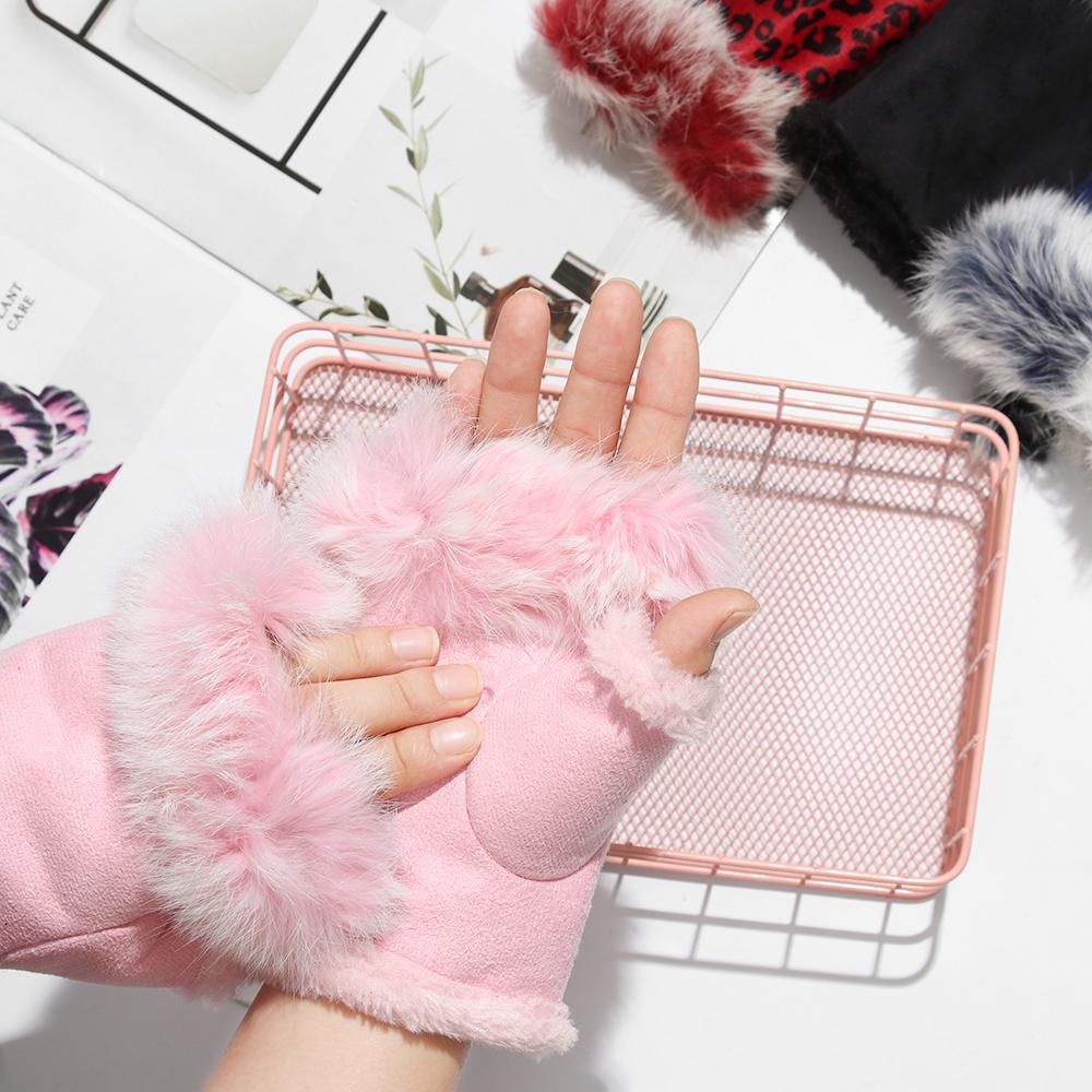 Rabbit Hair Suede Leather Soft Stretch Gloves Women Girls Winter Thicken Warm Mittens 1 Pair Fashion Fingerless Faux Gloves