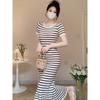 2025 Summer Niche Striped Slim Fit Bodycon Knitted Long Dress with Short Sleeves