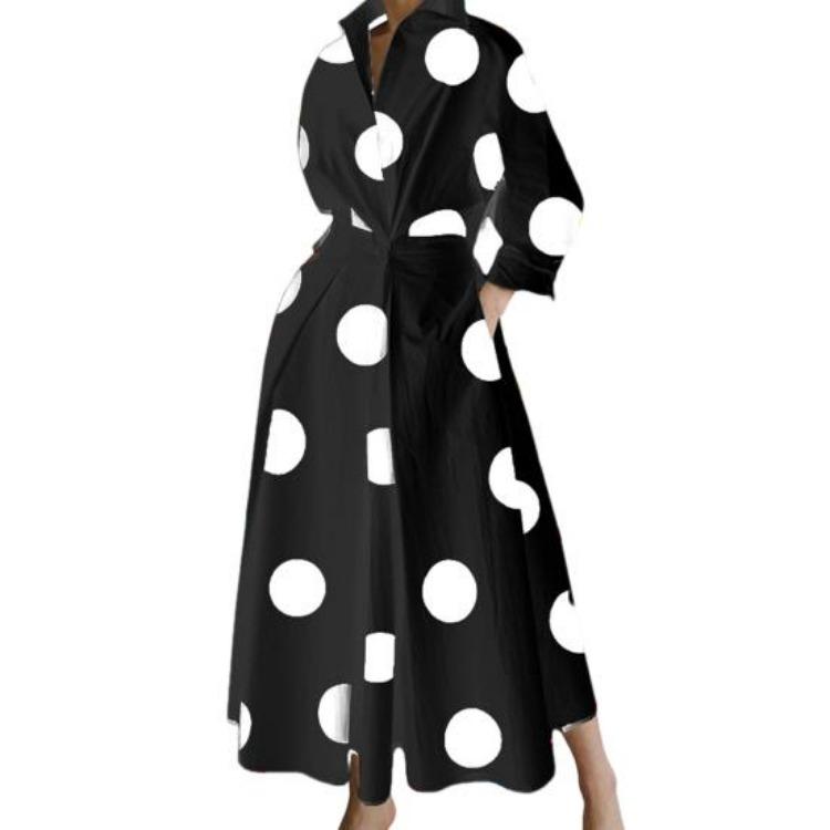 

Women Midi Dress Spring Fall Commute Party Lapel V Neck A Line Loose Hem Sot Print High Waist Mid Calf Length Color Matching Tight Lady Dress M чёрный