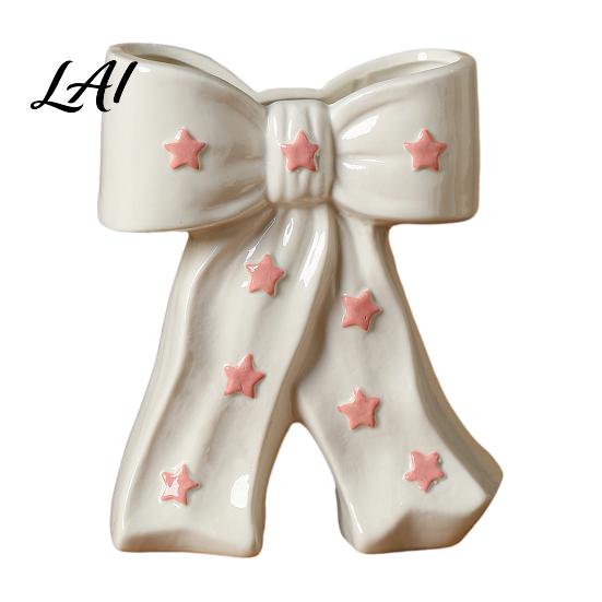 French Style Bow Vase Ceramic with Star Decorative Flowers Vase Creative Flower Chic Room Decor Gifts Arrangement Holder for Living Table