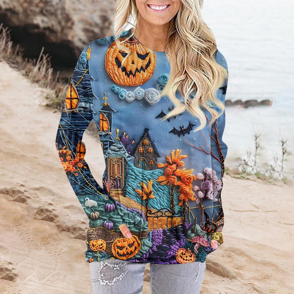 Damenmode Lässig Rundhals Print Langarm Tasche T-Shirt Top