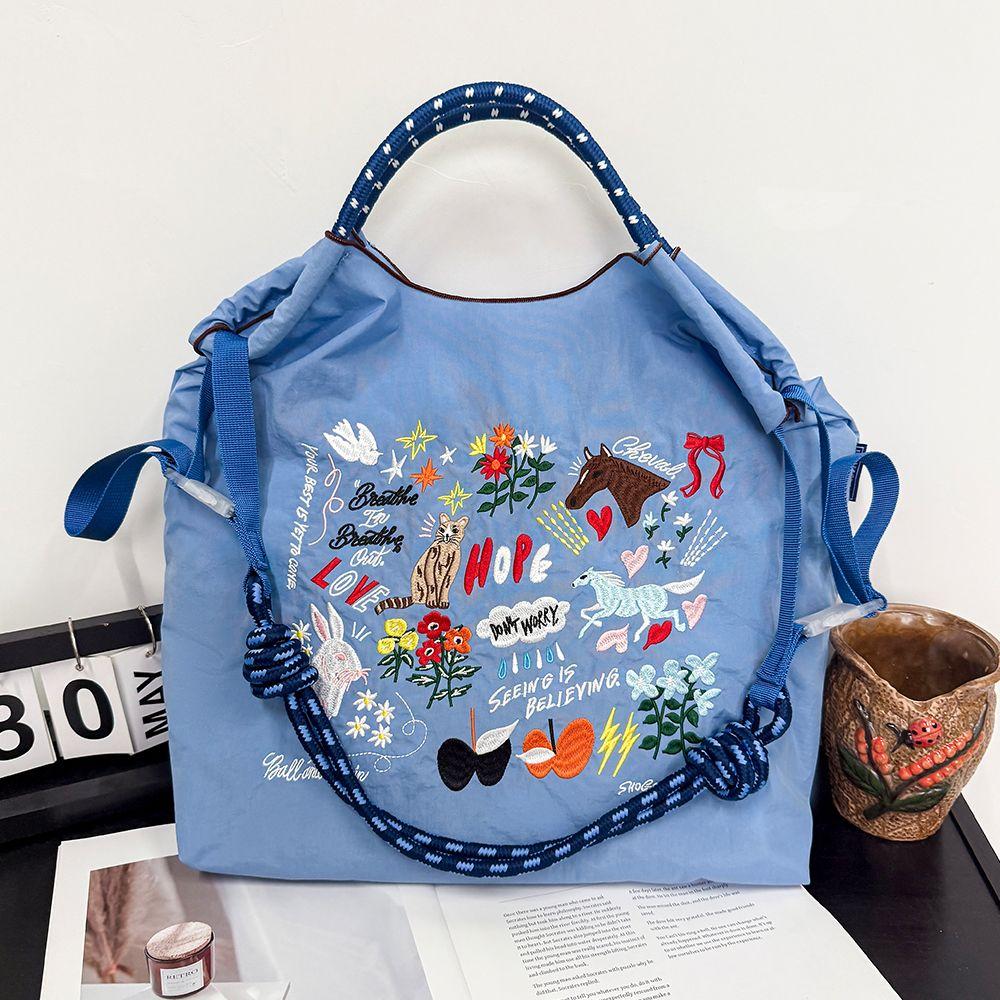 Large Capacity Embroidered Eco Nylon Shopping Tote - Versatile Shoulder/Handheld/Crossbody Bag