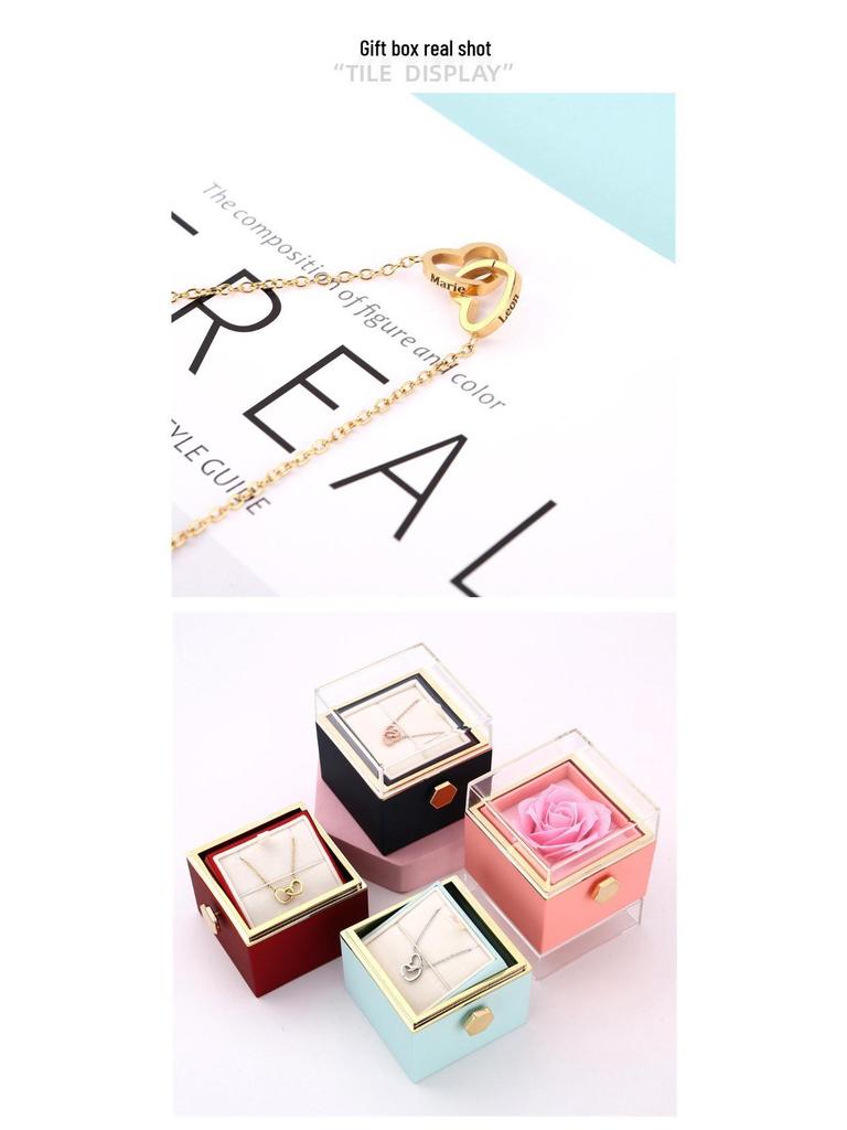 Engraved Stainless Steel Double Ring Heart Necklace with Rotating Rose Jewelry Box