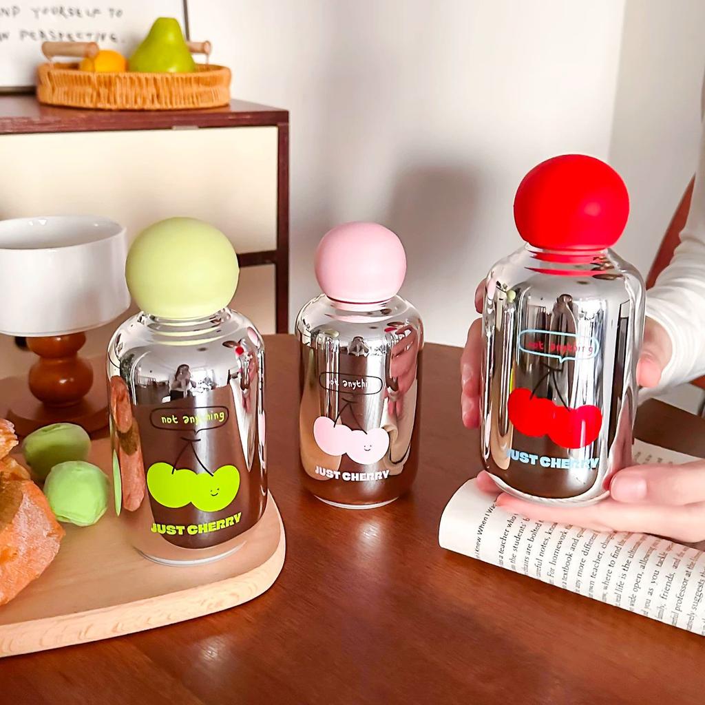 Cute Cherry Glass Cup Mirror Glass Bottle for Coffee Juice Matcha Tea Glass Portable Leak-proof Woman Glass Tumbler Water Bottle
