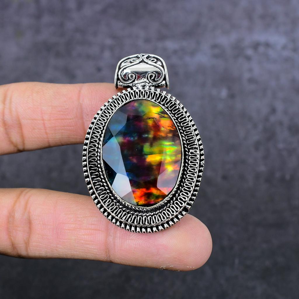 Ammolite Gemstone 925 Sterling Silver Jewelry Pendant 2.29" L3j33