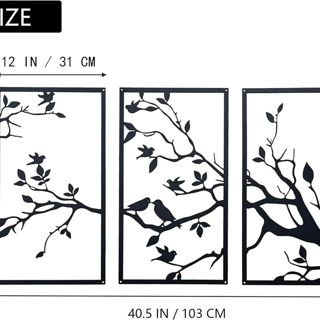 Large 3-Piece Metal Wall Art: Birds On Branches for Indoor/Outdoor Decor