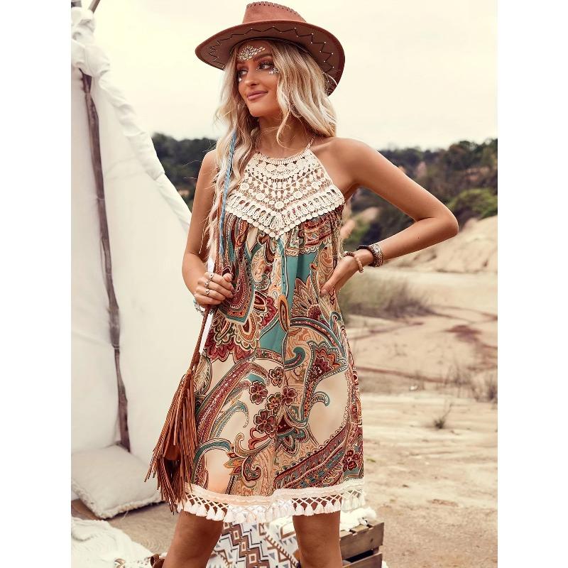 Women's Dress Embroidered Splicing Fashion Printed Off Shoulder Ethnic Beach Vest Mini Skirt