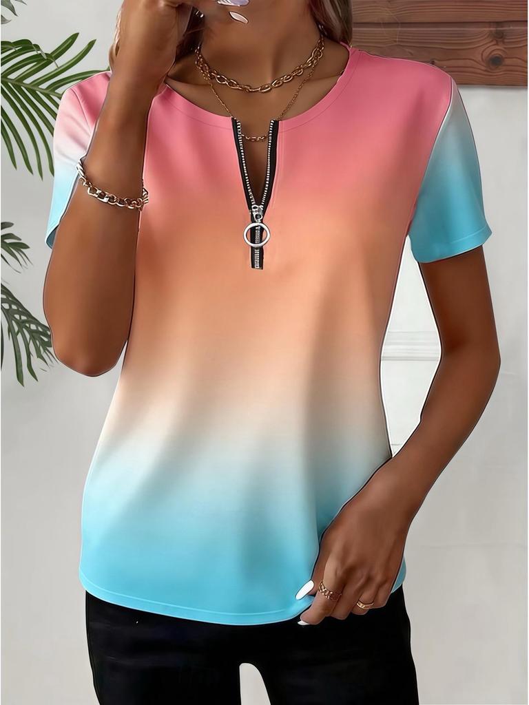 European-American Cross-border Fashion Color Block Zipper Short Sleeve Top
