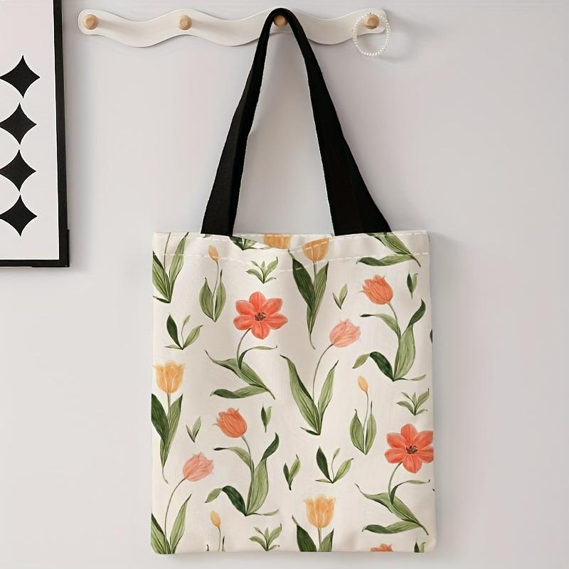 Floral Letter Pattern Printed Tote Bag Able Reusable Shoulder Bag Polyester Handbag Lightweight Casual Shopper Bag